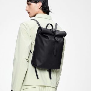 RAINS Backpack Rolltop Rucksack Waterproof Waves Laptop School Work RFID Black